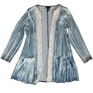 ASHRO Embellished 
Denim Open Front Jacket Women’s Sz 16W light blue polka dots